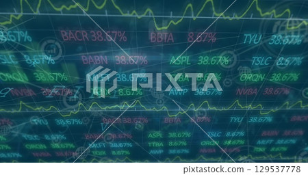 Image of financial graphs and data over navy digital screen with network of connections 129537778