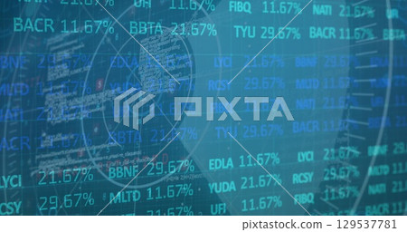 Image of financial graphs and data over navy digital screen with radar Image of financial graphs and data over navy digital screen with radar 129537781