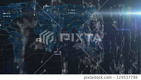 Image of icons, data and world map on black background Image of icons, data and world map on black background 129537798