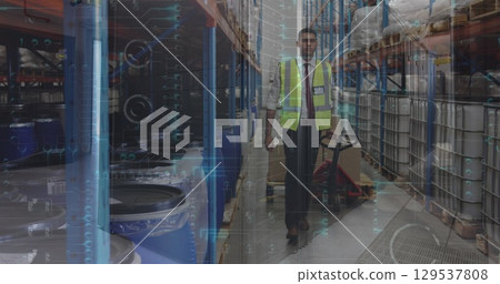 Image of data processing over caucasian woman in server room 129537808