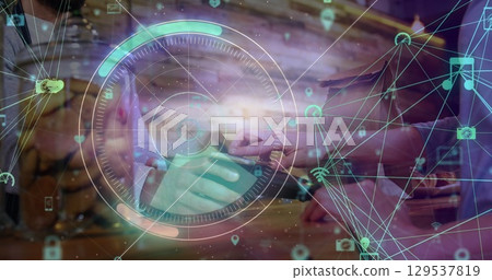 Image of scope scanning and network of connections over diverse people paying with smartphone 129537819
