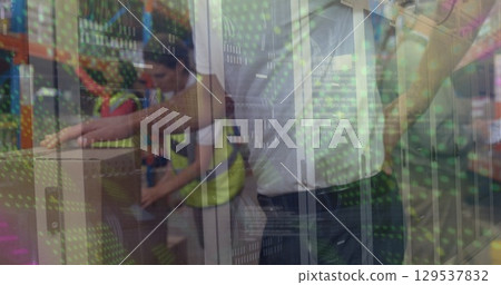 Image of green dots moving over midsection of caucasian male warehouse worker having back pain Image of green dots moving over midsection of caucasian male warehouse worker having back pain 129537832