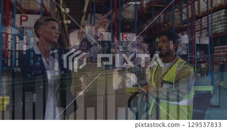 Image of globe over diverse female and male warehouse workers and road traffic Image of globe over diverse female and male warehouse workers and road traffic 129537833