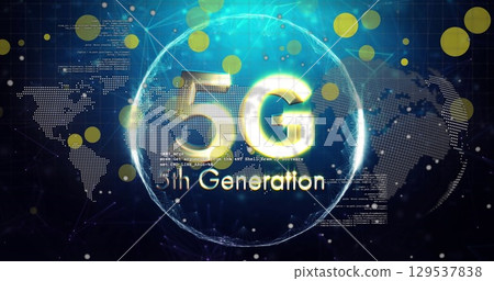 Image of 5th generation and globe over world map and black background Image of 5th generation and globe over world map and black background 129537838