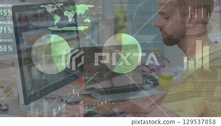 Image of data processing over caucasian businessman at office 129537858