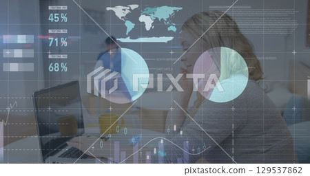 Image of financial data processing over businesswomen using smartphone 129537862