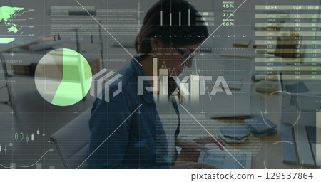 Image of data processing over caucasian businesswoman at office Image of data processing over caucasian businesswoman at office 129537864