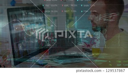 Image of financial data processing over businesswomen using computer Image of financial data processing over businesswomen using computer 129537867