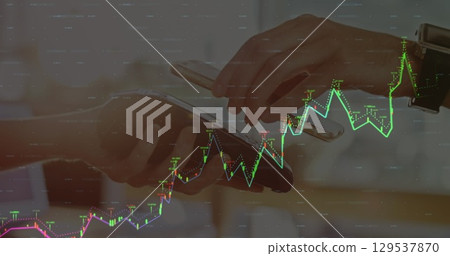 Image of financial data processing over diverse people paying with smartphone 129537870