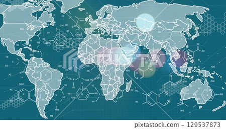 Image of graphs and chemical formulas over world map and green background 129537873