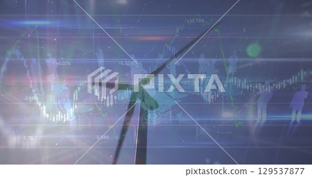 Image of financial data and graph over landscape with wind turbines Image of financial data and graph over landscape with wind turbines 129537877