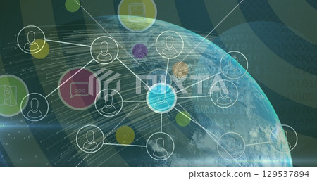 Image of network with icons over globe and striped background Image of network with icons over globe and striped background 129537894