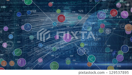 Image of network of connections with icons over globe 129537895