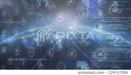 Image of tech icons over globe and data processing Image of tech icons over globe and data processing 129537896