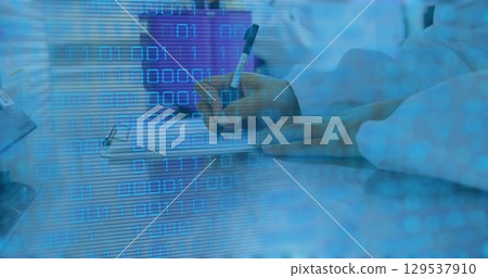 Image of binary coding data processing over mid section of scientist taking notes at laboratory Image of binary coding data processing over mid section of scientist taking notes at laboratory 129537910