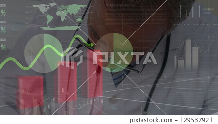 Image of data processing over caucasian male doctor 129537921