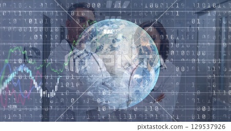 Image of data processing and globe over diverse doctors 129537926