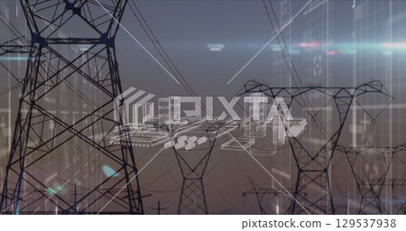 Image of data processing and metaverse city over electricity poles 129537938