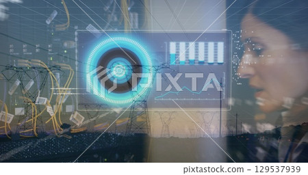 Image of data processing and caucasian woman checking servers over electricity poles at sunset 129537939