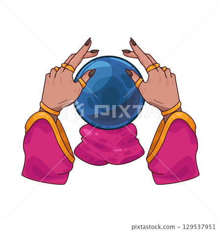 illustration of crystal ball in hands of fortune teller 129537951