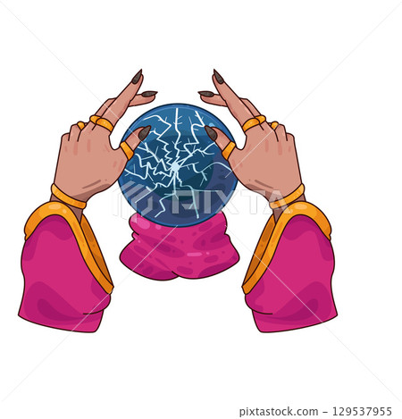 illustration of crystal ball in hands of fortune teller 129537955