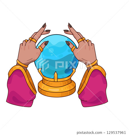 illustration of crystal ball in hands of fortune teller 129537961