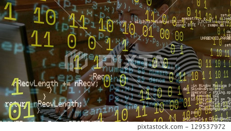 Image of binary coding and data processing against caucasian girl using computer at school 129537972