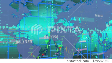 Image of financial data processing over world map on green background 129537980