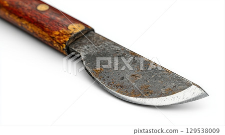 weathered knife rusty blade and worn wooden handle is positioned on clean neutral surface highlighting its aged appearance and texture. 129538009
