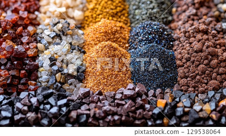 array of vibrant spices and granules are meticulously arranged showcasing various textures and colors. display is seen bustling marketplace during early morning. array of vibrant spices and granules are meticulously arranged showcasing various textures and colors. display is seen bustling marketplace during early morning. 129538064