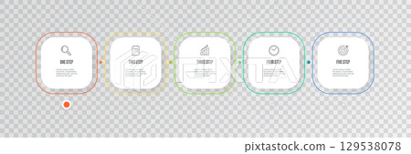 Business infographic thin line process with square template design with icons and 5 options or steps on transparent background. Vector progress paper modern web banners set design template 129538078