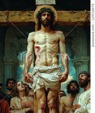 group of people gather around crucified figure expressing deep sorrow and reverence. atmosphere is charged emotion as they witness profound moment. 129538079