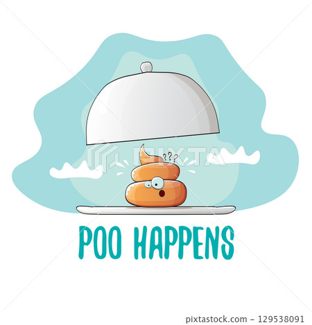vector funny cartoon cool cute brown smiling poo icon sitting on food silver tray isolated on blue sky with white clouds background. poo happens concept illustration vector funny cartoon cool cute brown smiling poo icon sitting on food silver tray isolated on blue sky with white clouds background. poo happens concept illustration 129538091