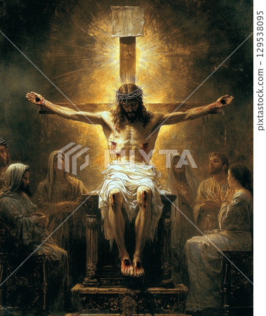 religious representation showcases figure on cross surrounded mourners in darkened environment. Dramatic lighting highlights figure's suffering emphasizing gravity of moment. religious representation showcases figure on cross surrounded mourners in darkened environment. Dramatic lighting highlights figure's suffering emphasizing gravity of moment. 129538095