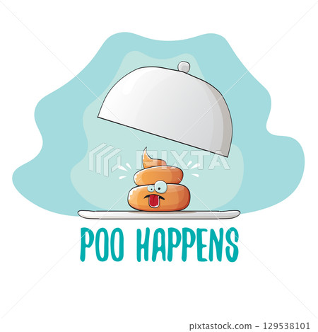 vector funny cartoon cool cute brown smiling poo icon sitting on food silver tray isolated on blue sky with white clouds background. poo happens concept illustration 129538101