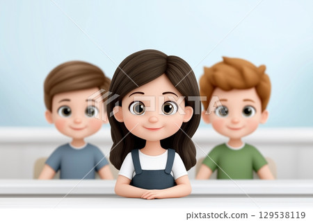 Illustration of children seating at school desks in a classroom setting with a bright Illustration of children seating at school desks in a classroom setting with a bright 129538119
