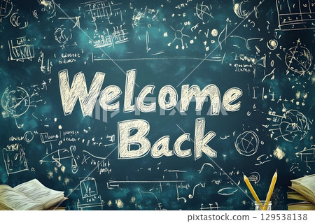 Illustration of a chalkboard with "Welcome Back" written in large letters. 129538138