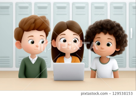 Illustration depicting three students engaging with a laptop in a school setting. 129538153