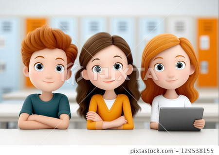Cartoon illustration of three students, featuring diverse hairstyles and clothing styles Cartoon illustration of three students, featuring diverse hairstyles and clothing styles 129538155