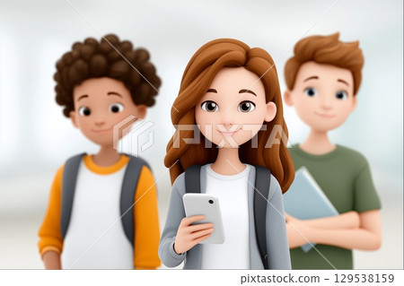 3D illustration of three stylized young individuals with backpacks, symbolizing education 129538159