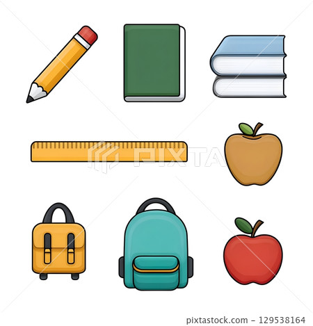Illustration of school-related icons, including a pencil, books, ruler, apples, and backpacks. 129538164