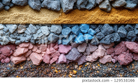 Different textures and colors of gravel and sand are neatly arranged in horizontal layers construction site. Different textures and colors of gravel and sand are neatly arranged in horizontal layers construction site. 129538166