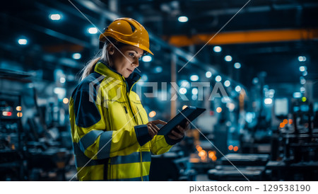Modern factory inspection scene, female technician with safety equipment and tablet 129538190