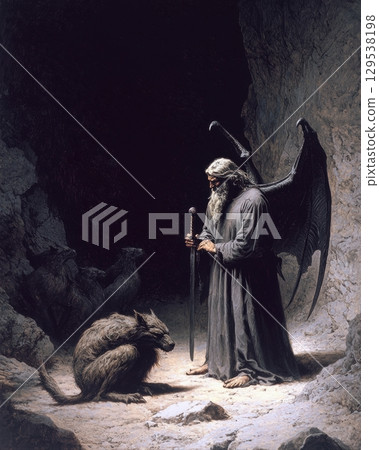 cloaked figure wings stands solemnly in dim cave holding staff. large shadowy creature sits before him while dark birds are perched nearby adding eerie atmosphere. cloaked figure wings stands solemnly in dim cave holding staff. large shadowy creature sits before him while dark birds are perched nearby adding eerie atmosphere. 129538198
