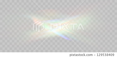 Blurred rainbow refraction overlay effect. Light lens prism effect on transparent background. Holographic reflection, crystal flare leak shadow overlay. Vector abstract illustration. 129538409