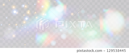 Blurred rainbow refraction overlay effect. Light lens prism effect on transparent background. Holographic reflection, crystal flare leak shadow overlay. Vector abstract illustration. 129538445