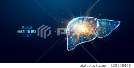 Liver wireframe. World hepatitis day concept. Banner template with glowing low poly liver. Futuristic modern abstract. Isolated on dark background. Vector illustration. 129538458