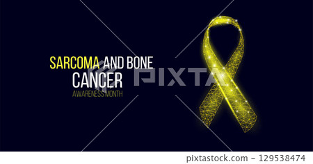 Sarcoma and bone cancer awareness month concept. Banner template with glowing low poly yellow ribbon. Wireframe modern abstract background. Vector illustration. 129538474