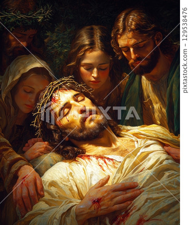 Jesus lies in peaceful state after crucifixion embraced mourners showing deep sorrow. emotional scene captures moment of compassion and reverence amidst dimly lit background. 129538476