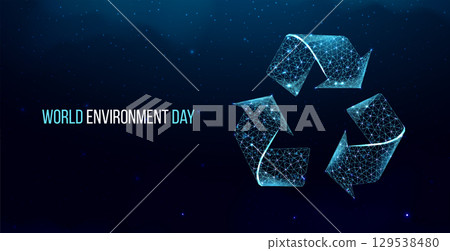 World environment day concept. Banner with wireframe polygonal recycle symbol. Futuristic modern abstract background. Vector illustration. 129538480